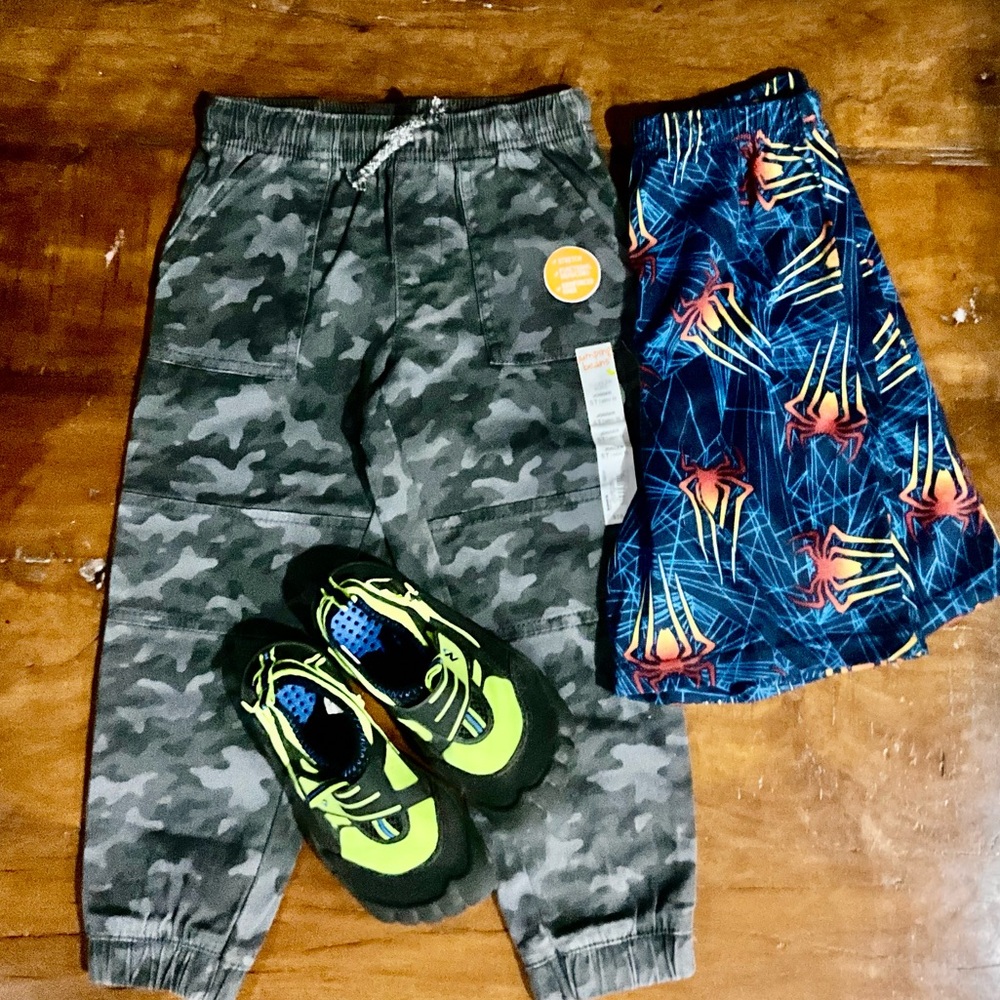 Boys Lot: Jumping Bean Camo Sweats, Spidey Shorts, Swim Shoes
